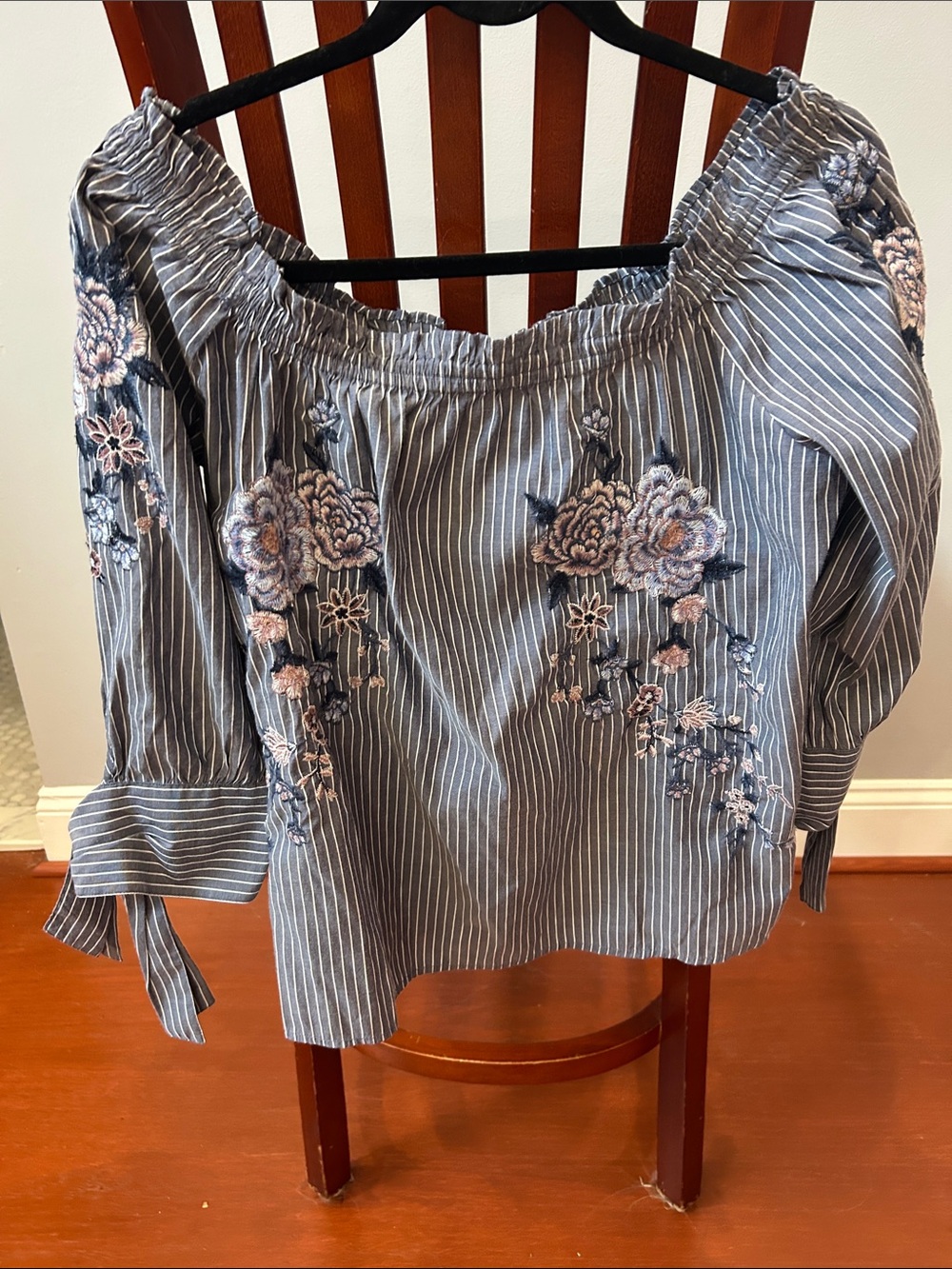 Striped Off-Shoulder Floral Embroidered Women’s Top - Blue